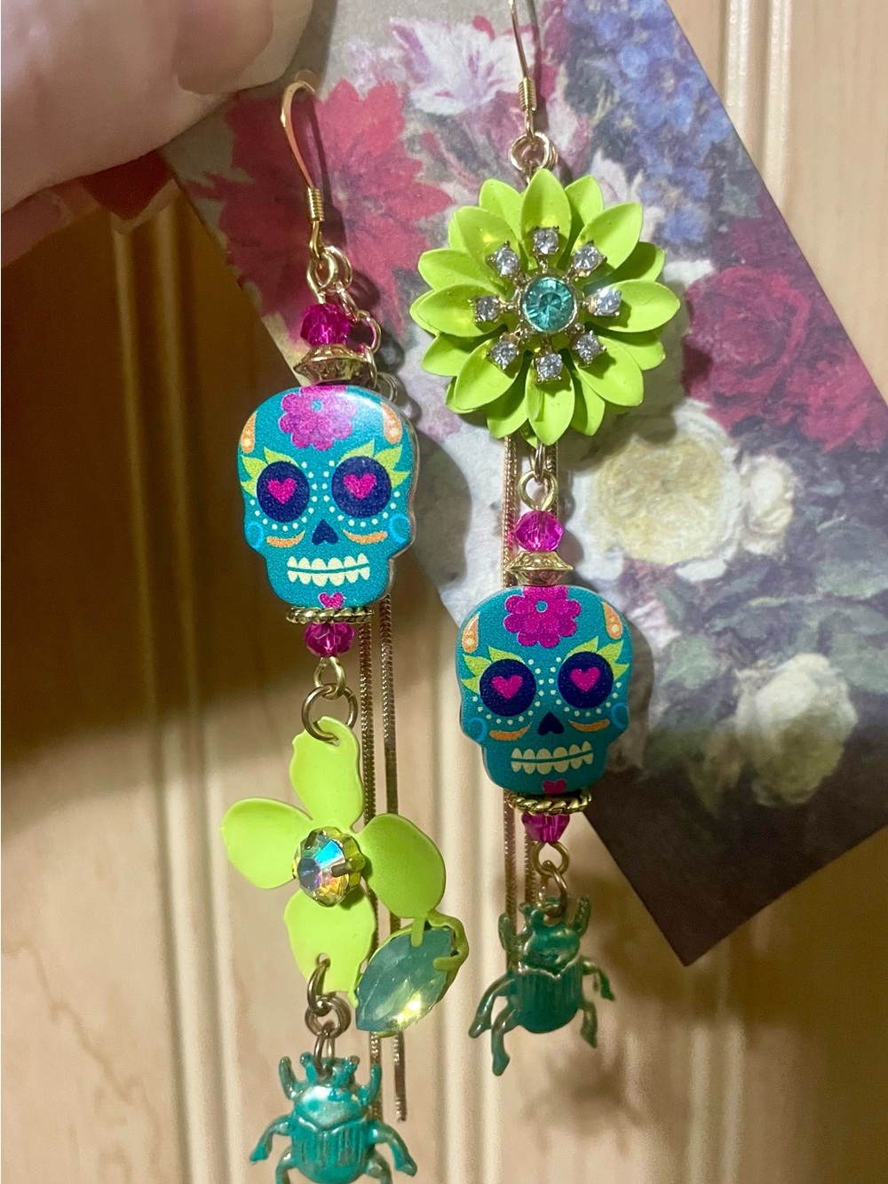 Lime Green and Teal Floral Sugar Skull Beetle Earrings with Crystal Accents - Picture 4 of 6